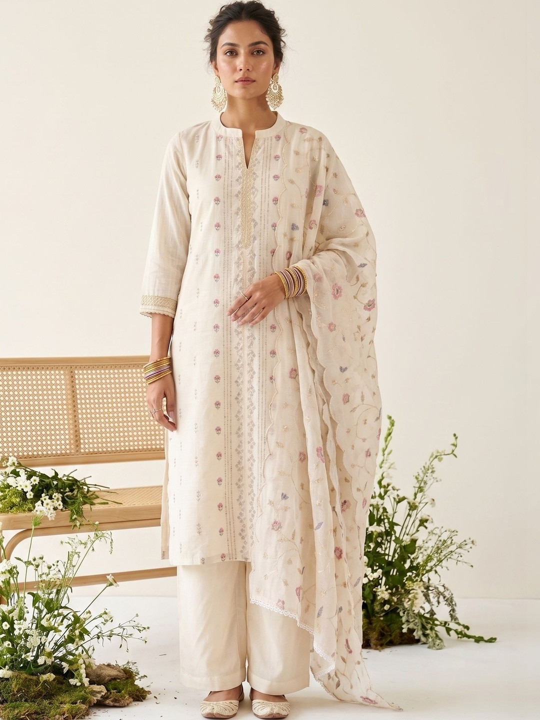 Koskii Cream Chanderi Threadwork Straight Kurta With Regular Pant And Dupatta