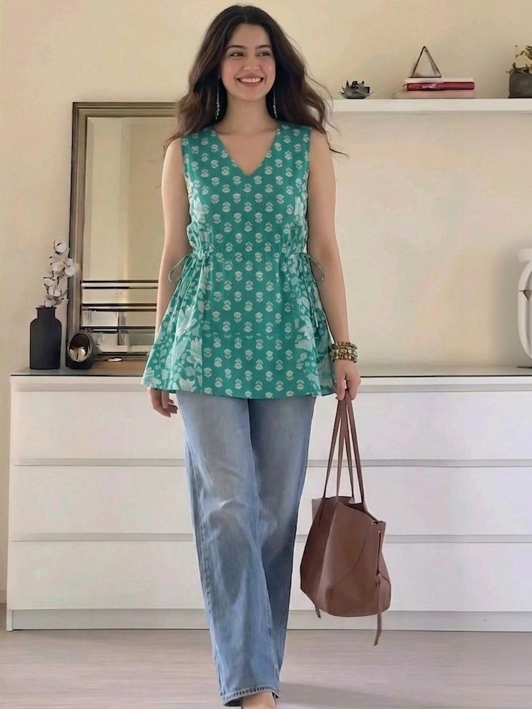 SATITHA Ethnic Motifs Printed V-Neck Pure Cotton Kurti