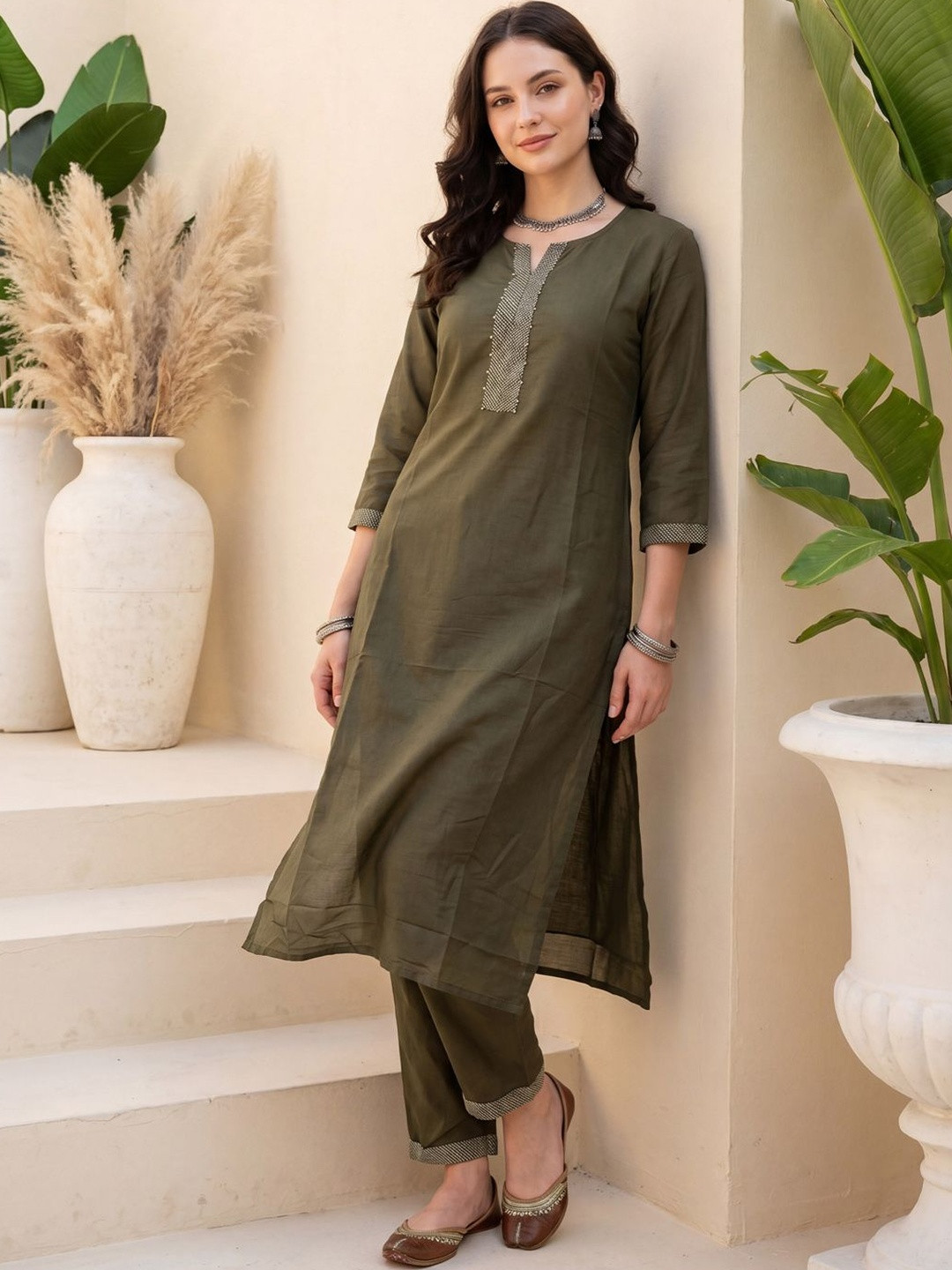 Indo Era Women Ethnic Motifs Embroidered Regular Thread Work Kurta with Trousers