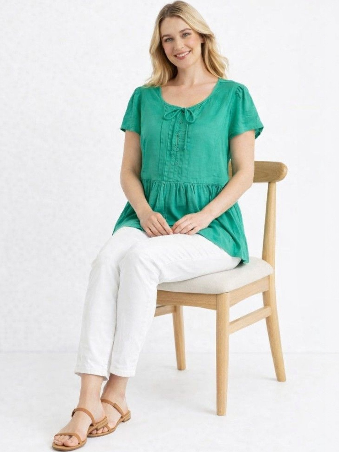 NoBarr Tie-Up Neck Puff Sleeve Peplum Top