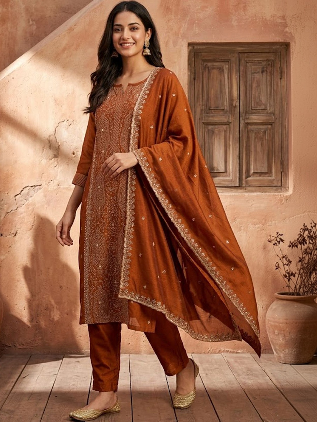 Koskii Rust Soft Raw Silk Threadwork Straight Kurta With Pant Regular And Dupatta