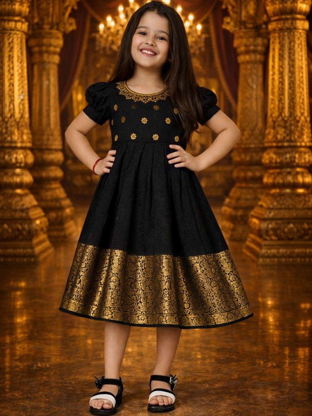 Ethzy Girls Ethnic Motifs Embroidered Puff Sleeve Fit & Flare Dress