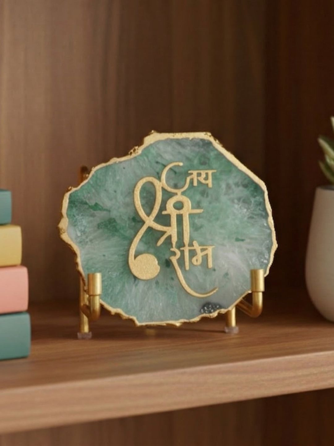 HOMEARTE Jai shree Ram Green Stone Natural Prayer Room Set of 2 Medium Showpieces -