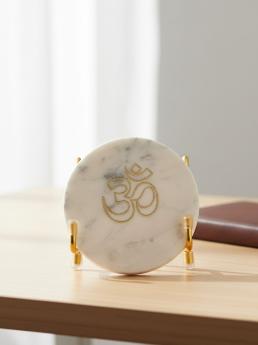 HOMEARTE Om with Holder White Marble Glossy Prayer Room Set of 2 Tiny Showpieces - 4.5 Inches
