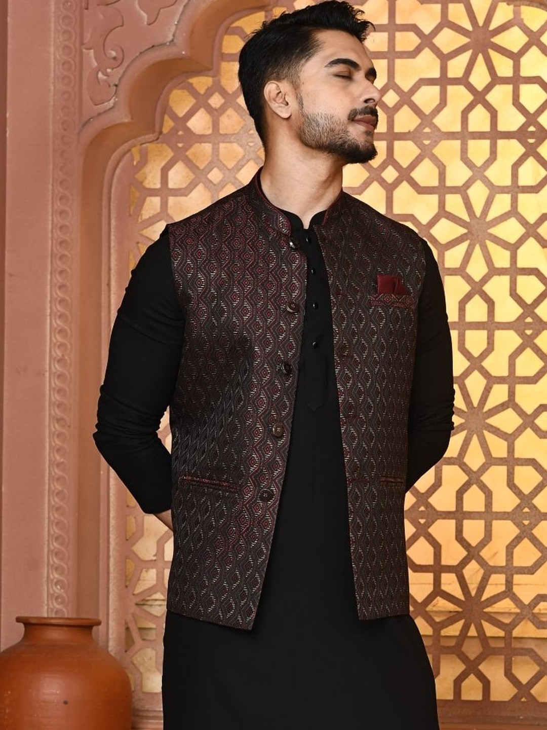WANAS Men Woven Design Premium Jacquard Nehru Jacket