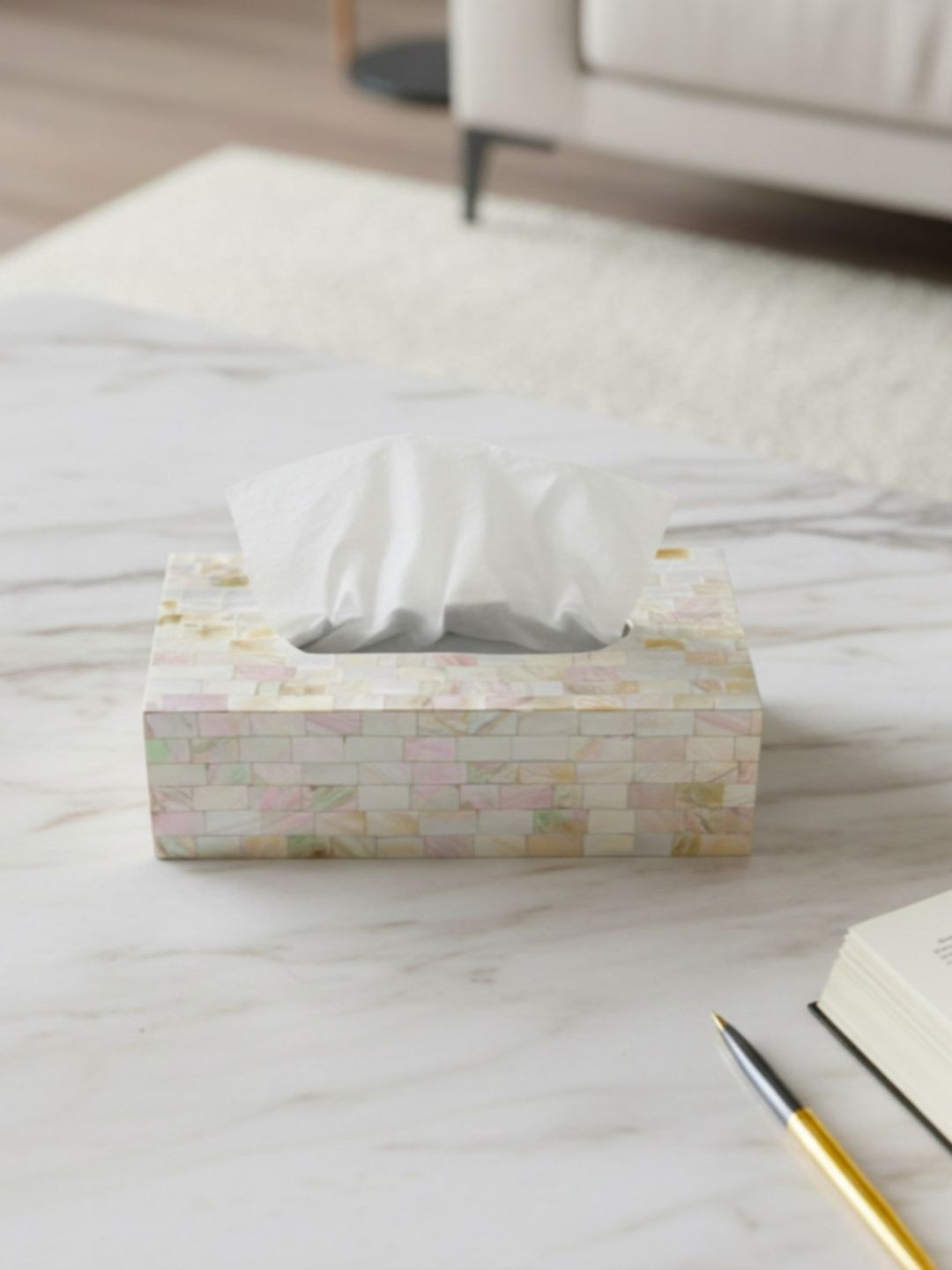 HOMEARTE Grey and Brown Mother of Pearl Tissue Box