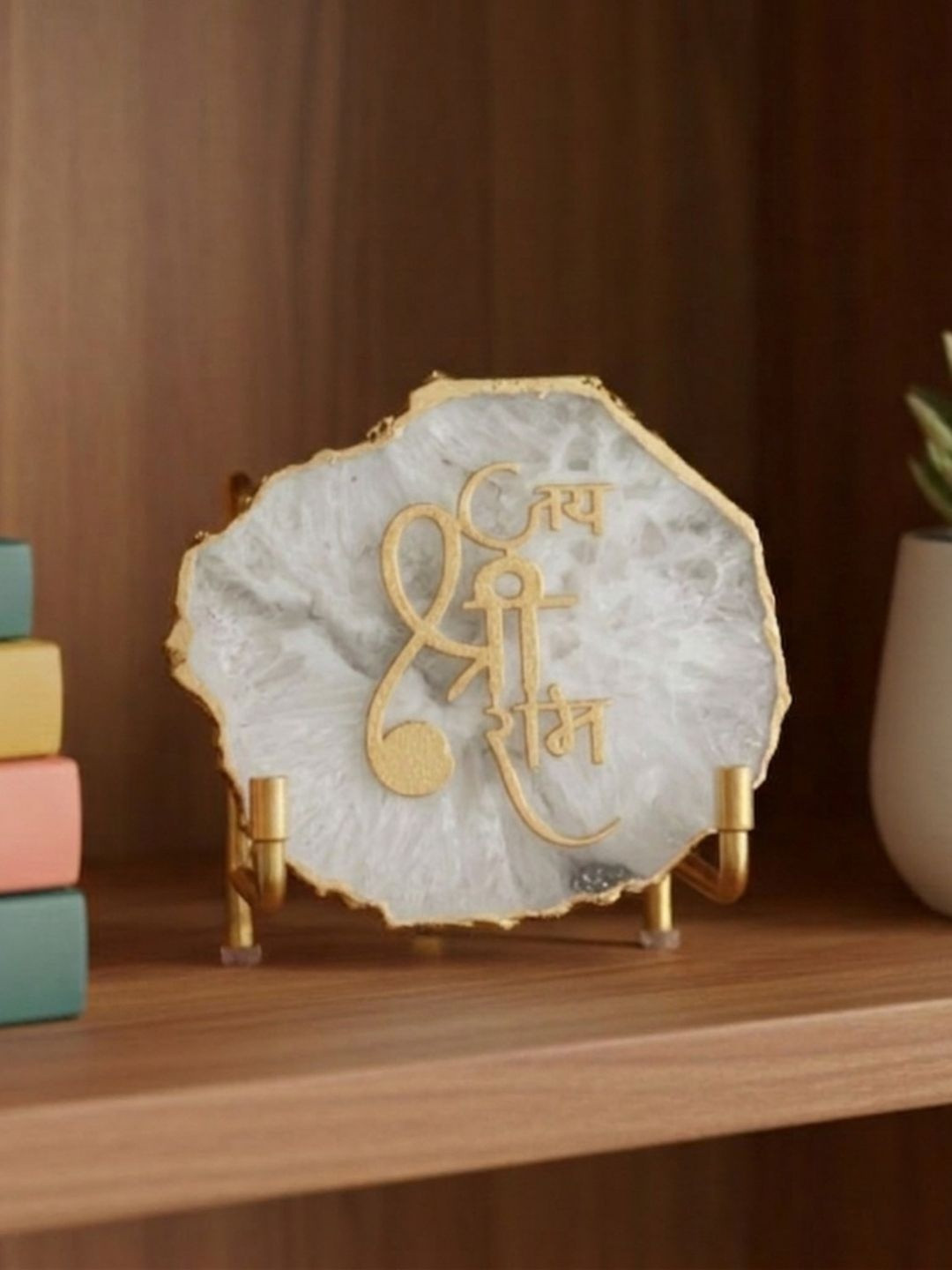HOMEARTE Jai Shree Ram White Stone Glossy Prayer Room Set of 2 Medium Showpieces -
