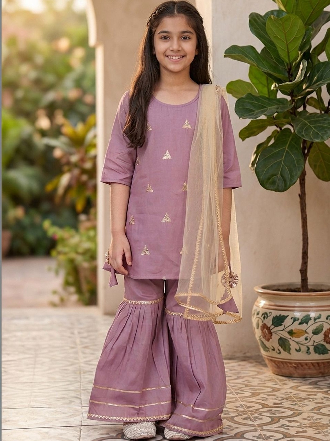 House of Pataudi Girls Embroidered Pure Cotton Round Neck Kurta & Sharara With Dupatta