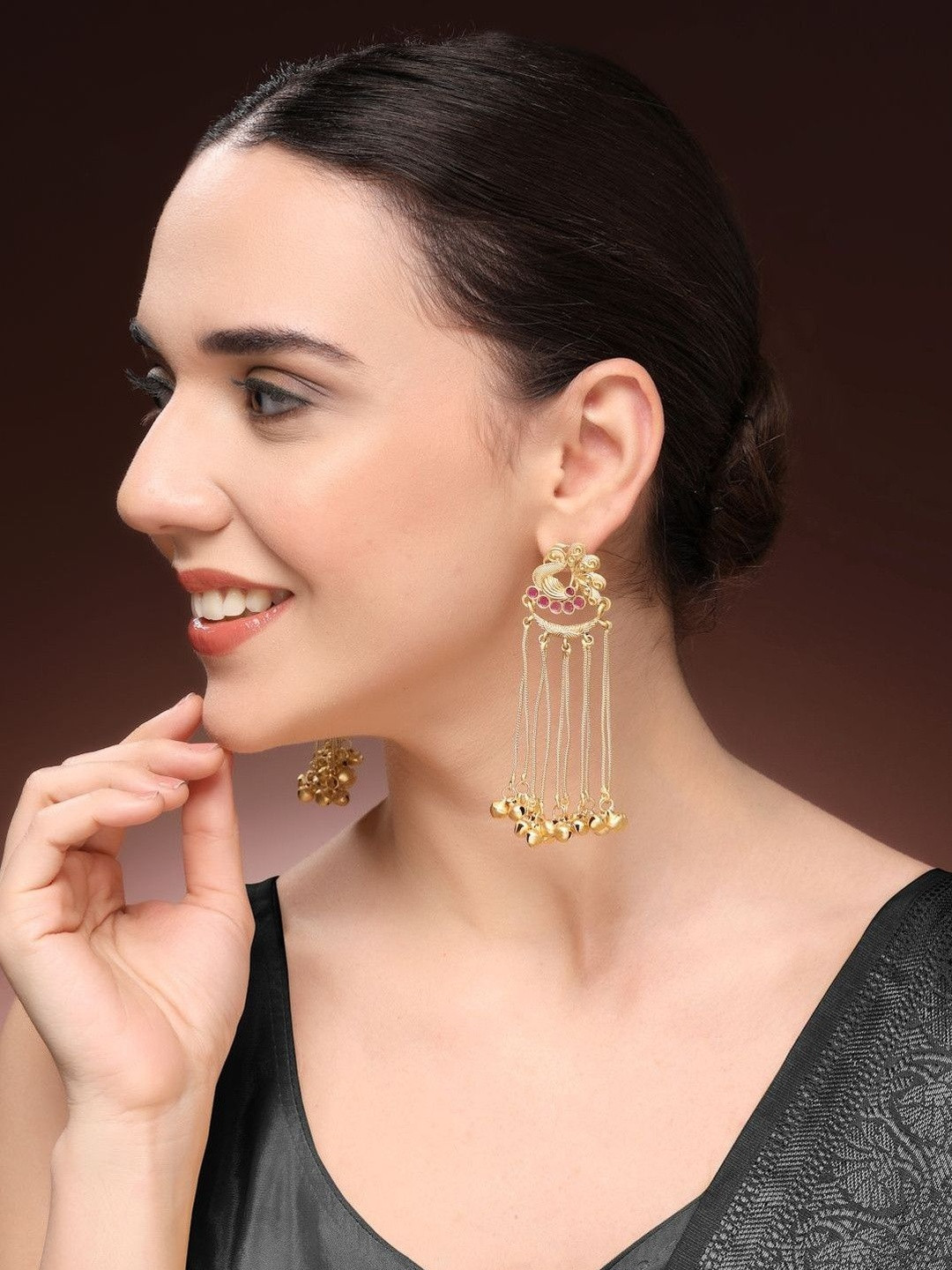 OZ Jewels Gold-Plated Red Stone Studded Peacock Motif Ghungroo Tassel Kashmiri Earrings