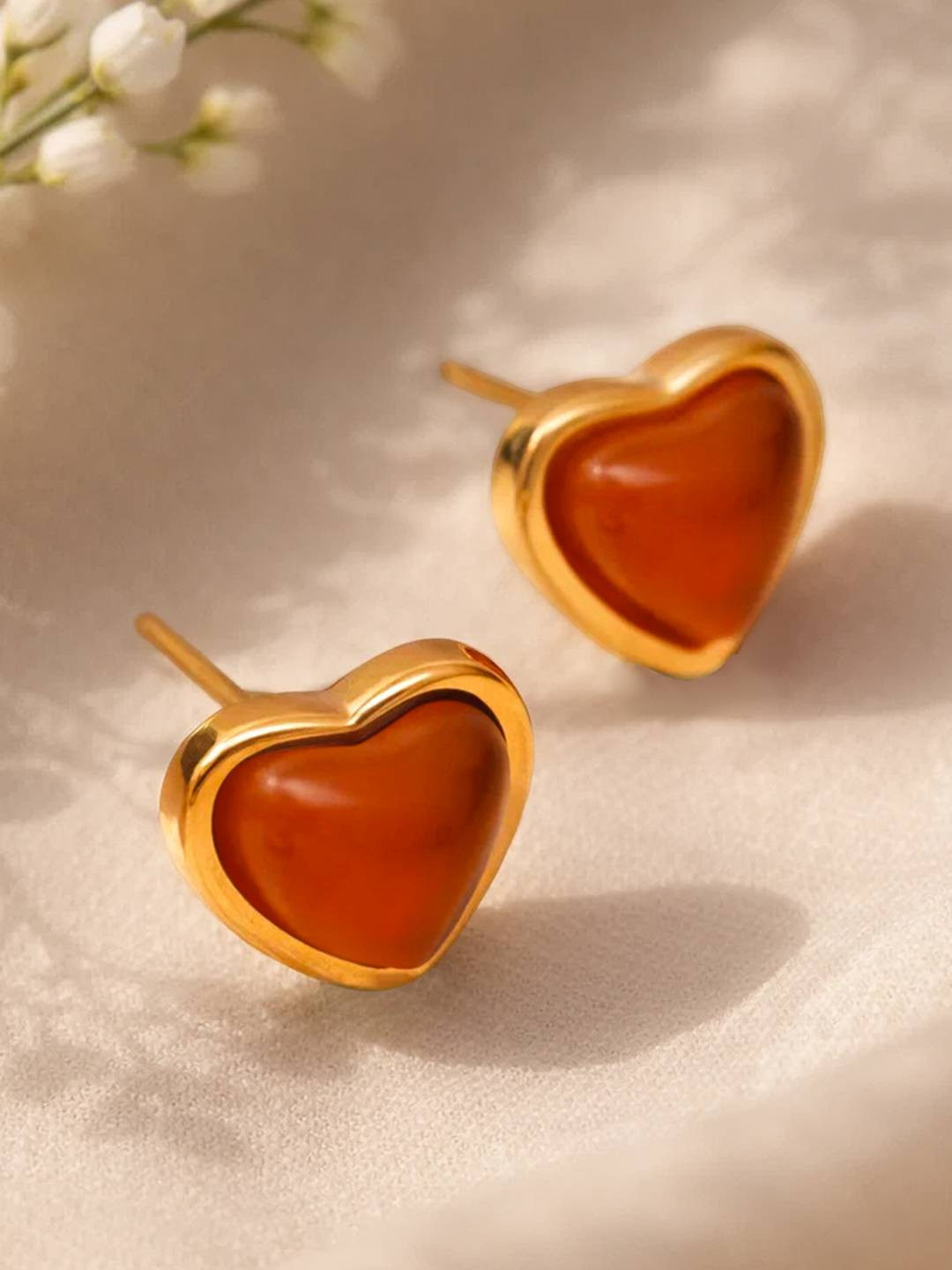Rubans Demifine 18k Gold Plated Stainless Steel Ruby Heart Stud Earrings