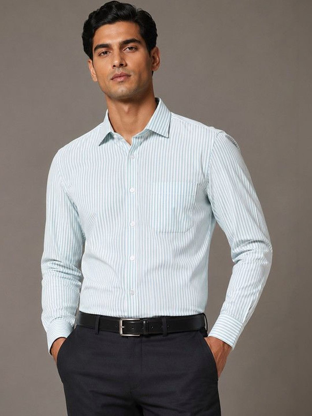 FRANKSHIRT Men Sky Blue Striped Oxford Cotton Regular Fit Full Sleeve Casual Shirt