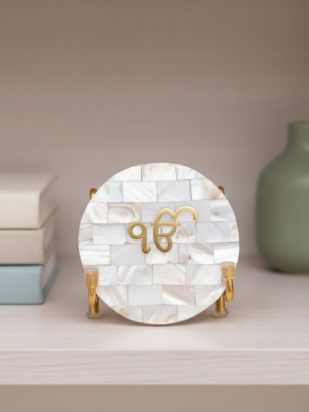 HOMEARTE Ik onkar Mother Of Pearl Off White Stone Matte Prayer Room Tiny Showpiece - 4.5 Inches