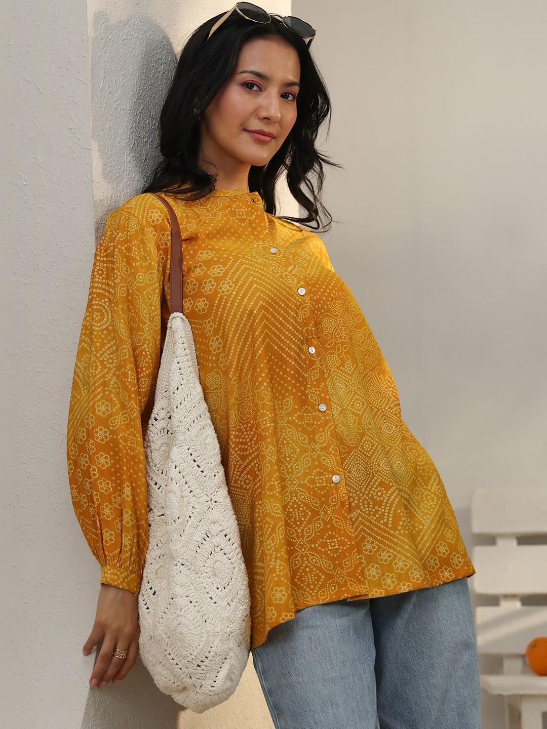 Libas Yellow Bandhani Printed Silk Blend Shirt