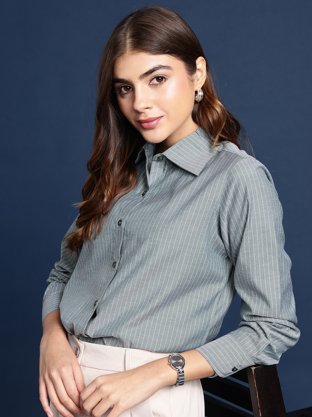 FITHUB Women Striped Formal Shirt