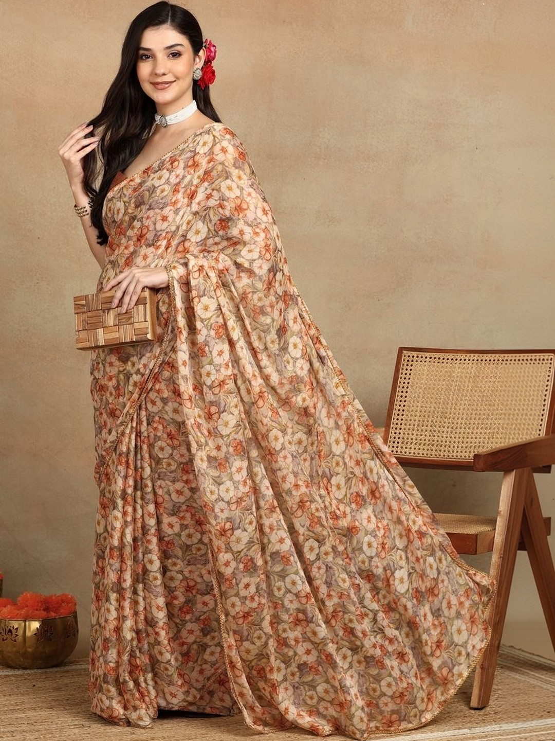 KALINI Floral Poly Chiffon Saree