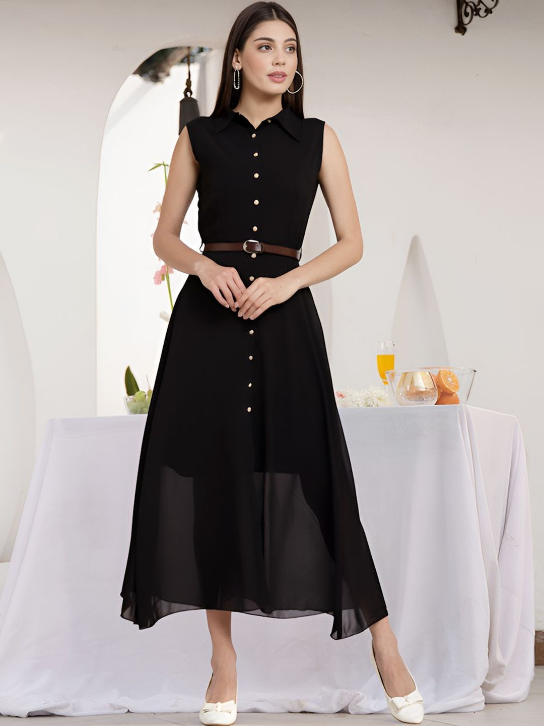 aayu Sleeveless Belted Shirt Midi Dress