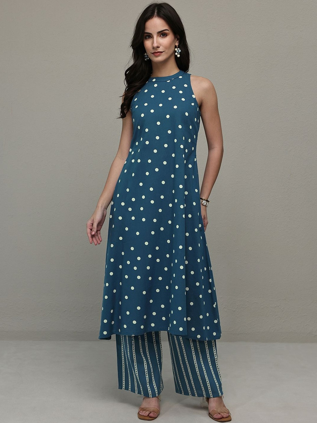 Libas Blue Polka Dot Printed Cotton A-Line Kurta Set