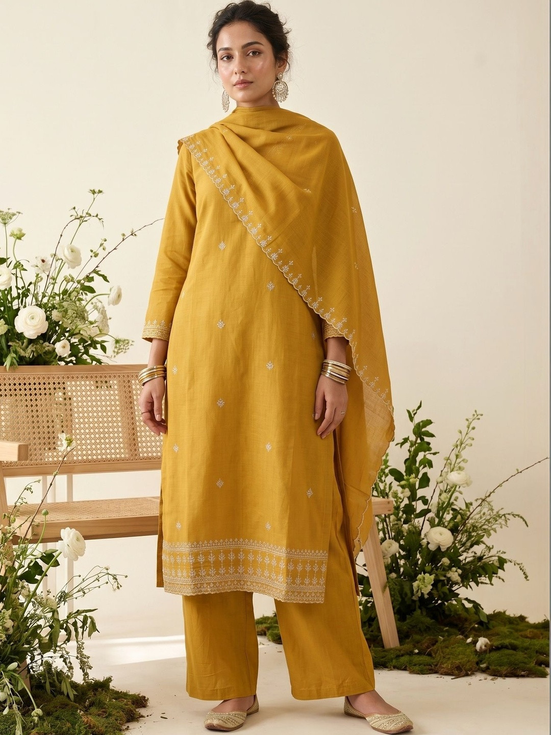 Koskii Mustard Chanderi Gold Zariwork Straight Kurta With Pant Regular And Dupatta