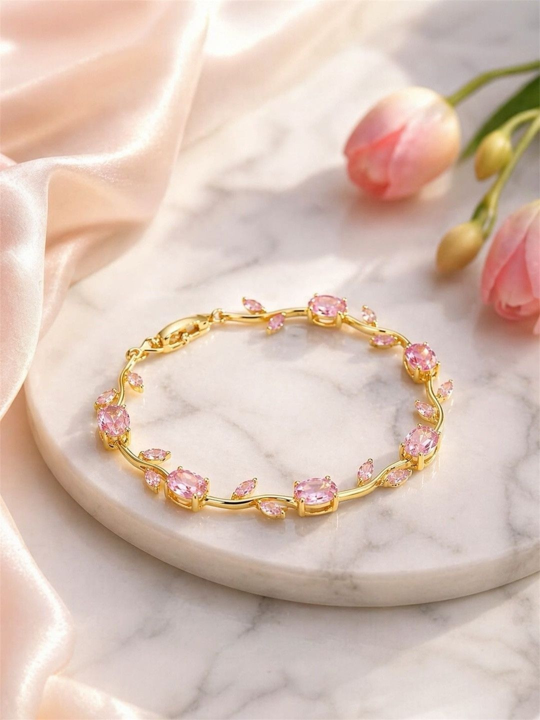 JYARSH Women Gold-Plated Anti-Tarnish Stainless Steel With Cz Stone Tulip Link Bracelet