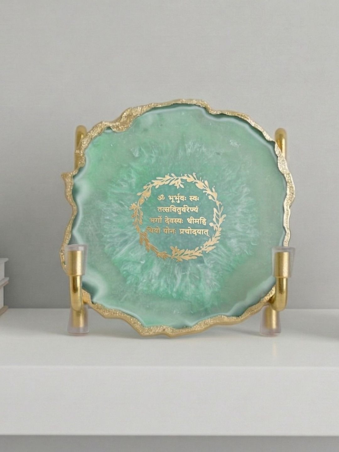 HOMEARTE Agate Gayatri Mantra Holder Green Stone Natural Living Room Set of 2 Small Showpieces -