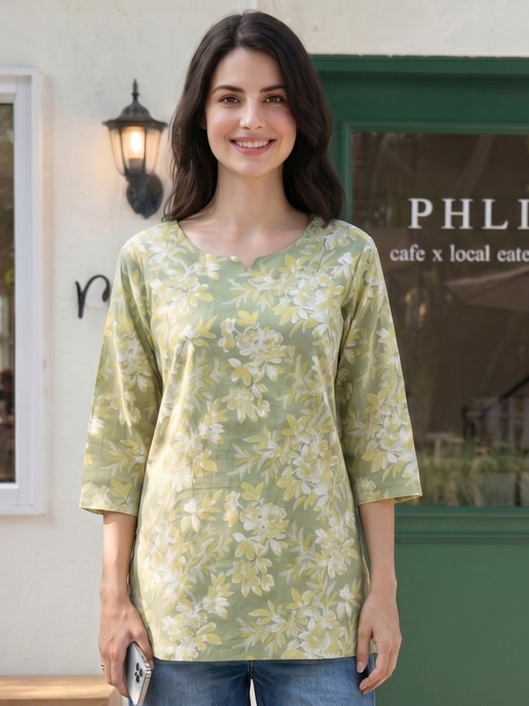 MIKAMI Floral Printed V-Neck Kurti