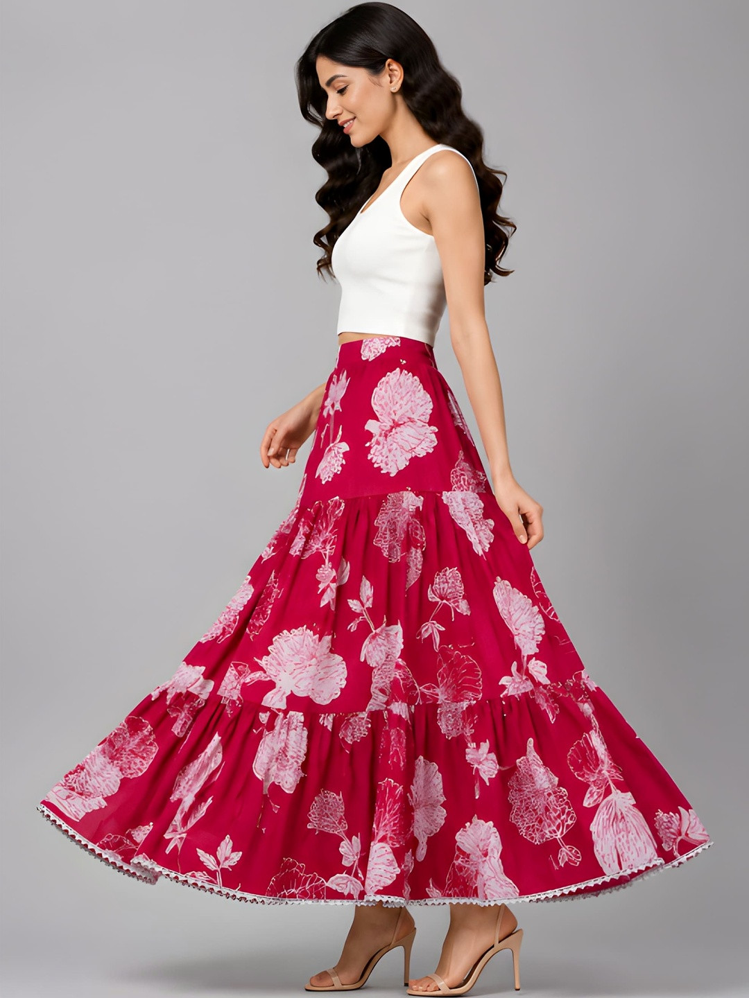 HARAYE Women Floral Tiered Maxi Tiered Skirt