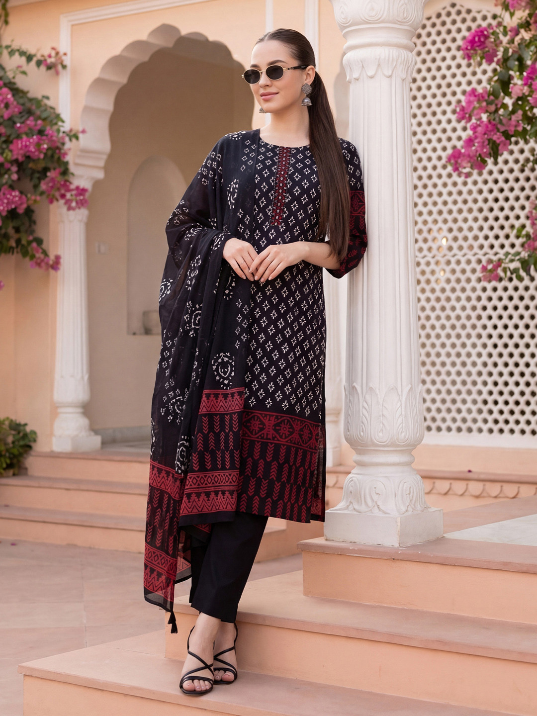 Indo Era Women Ethnic Motifs Printed Regular Pure Cotton Kurta with Trousers & With Dupatta
