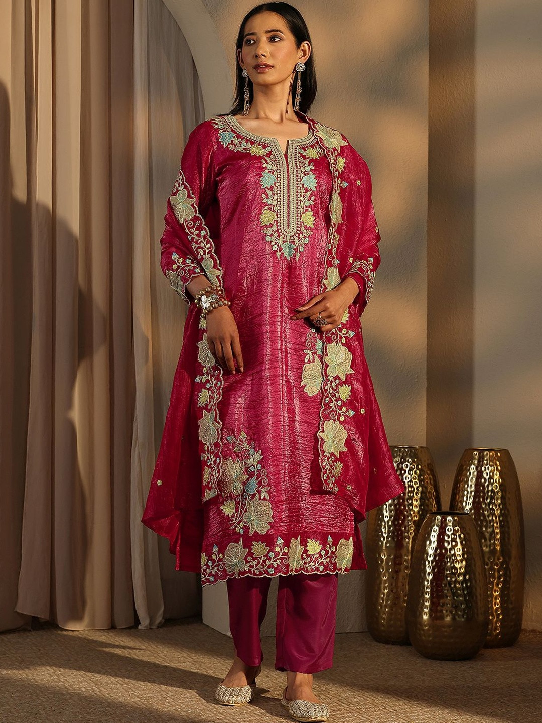 Libas Women Floral Embroidered Regular Kurta with Trousers & With Dupatta
