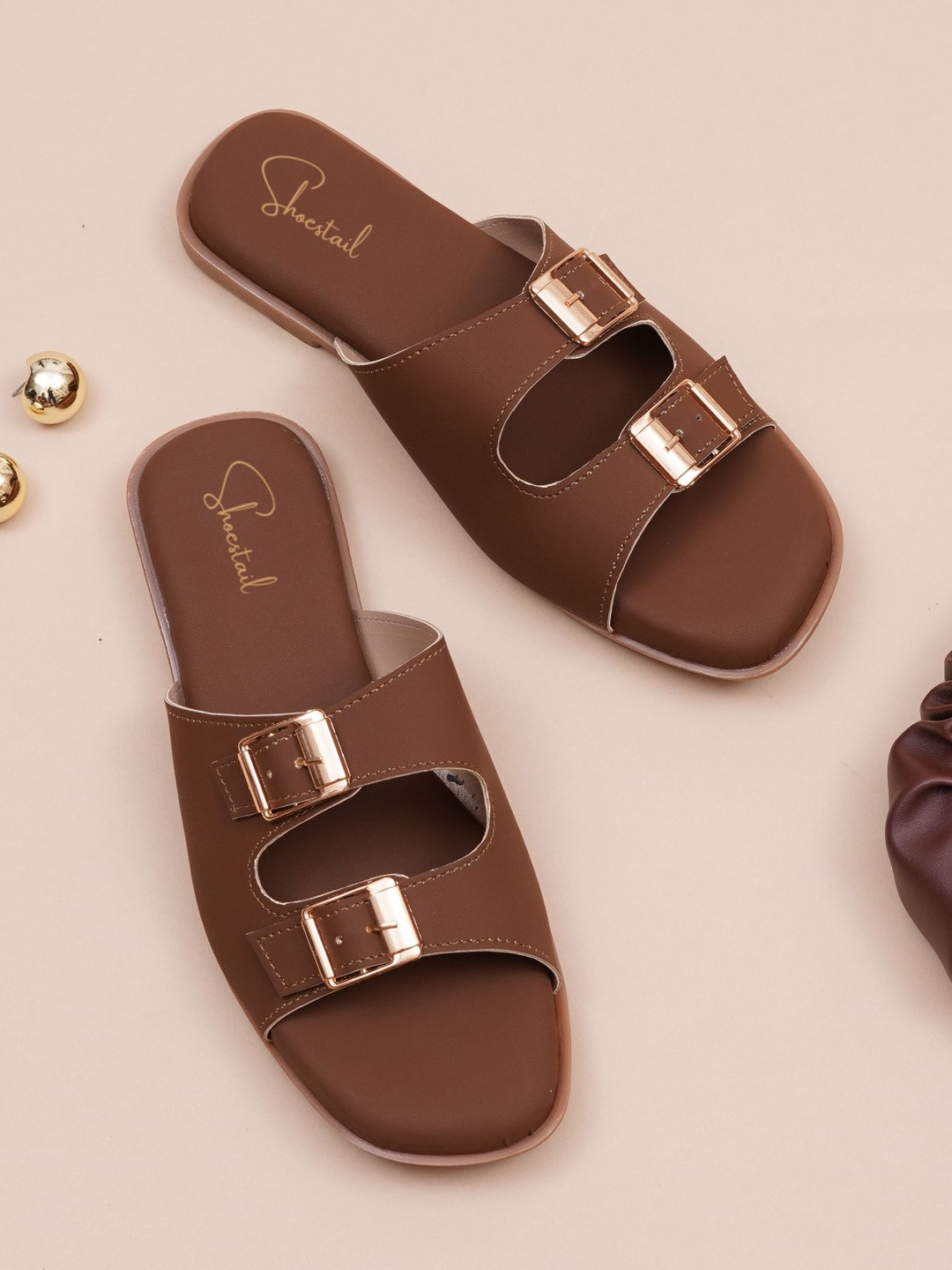 Shoestail Women Open Toe Flats with Buckles