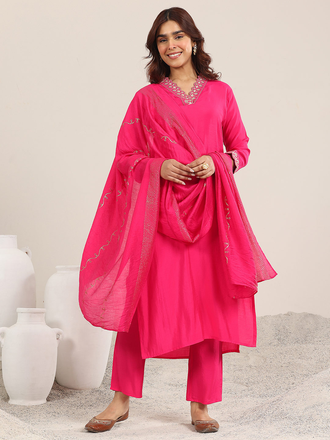 Gerua By Libas Yoke Design V Neck Kurta With Trousers & Dupatta