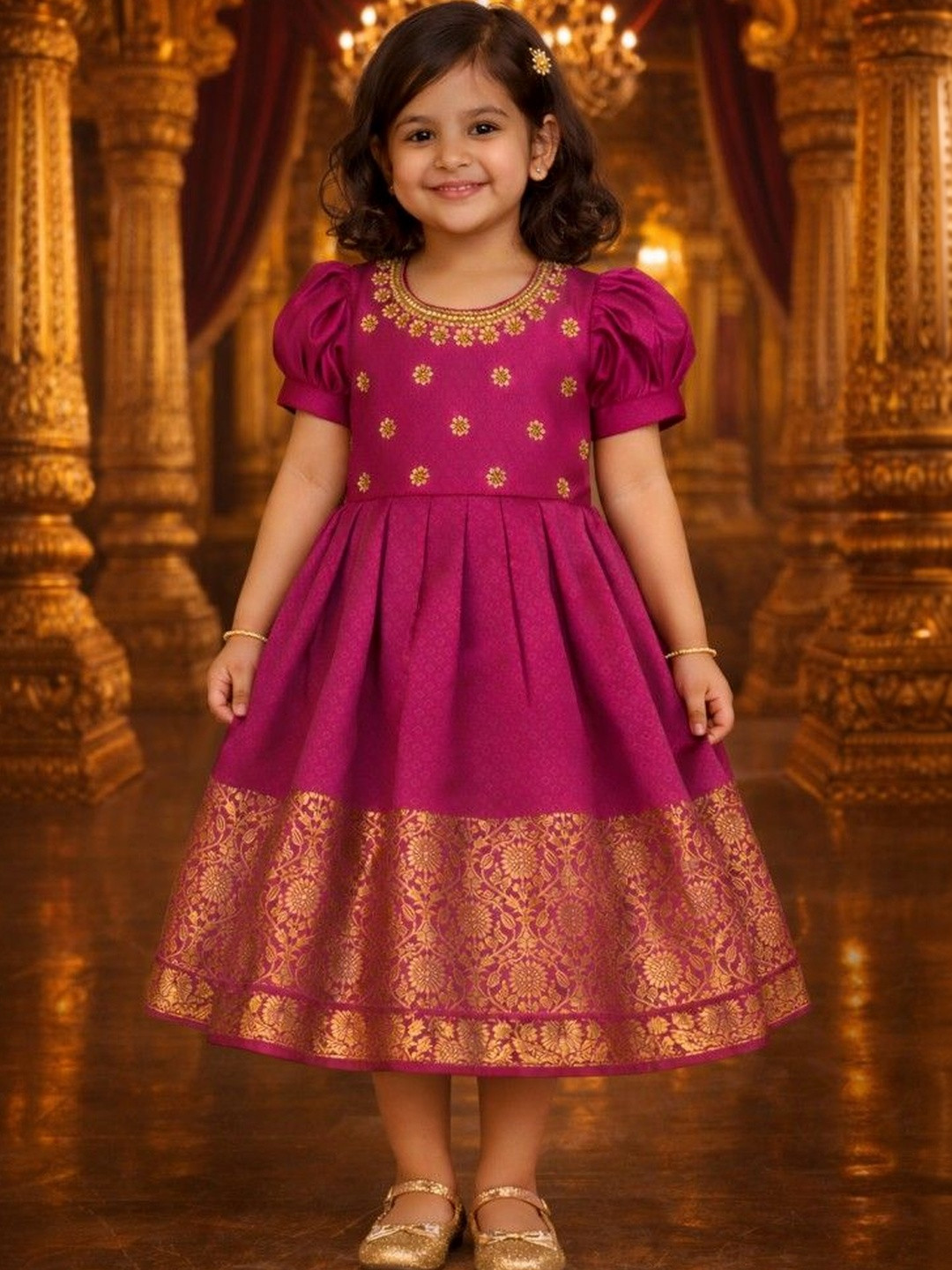 Ethzy Girls Embellished Puff Sleeve Jacquard Fit & Flare Midi Ethnic Dress