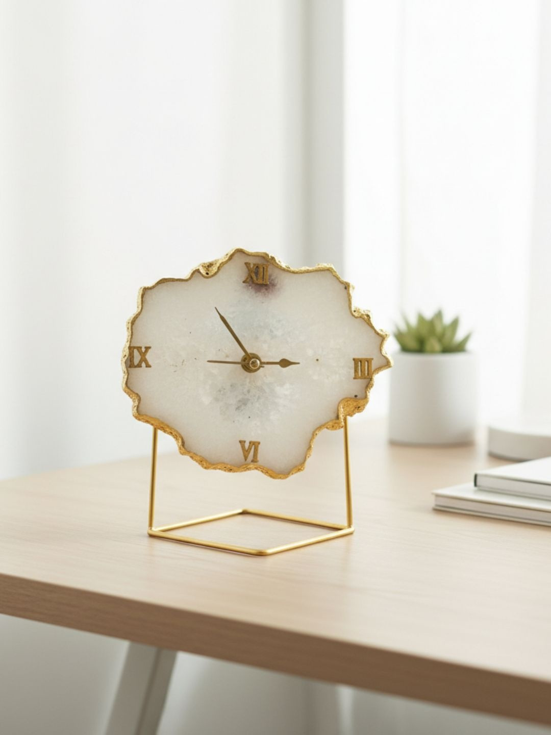 HOMEARTE White & Gold Toned Abstract Shaped Crystal Vintage Analogue Table Clock
