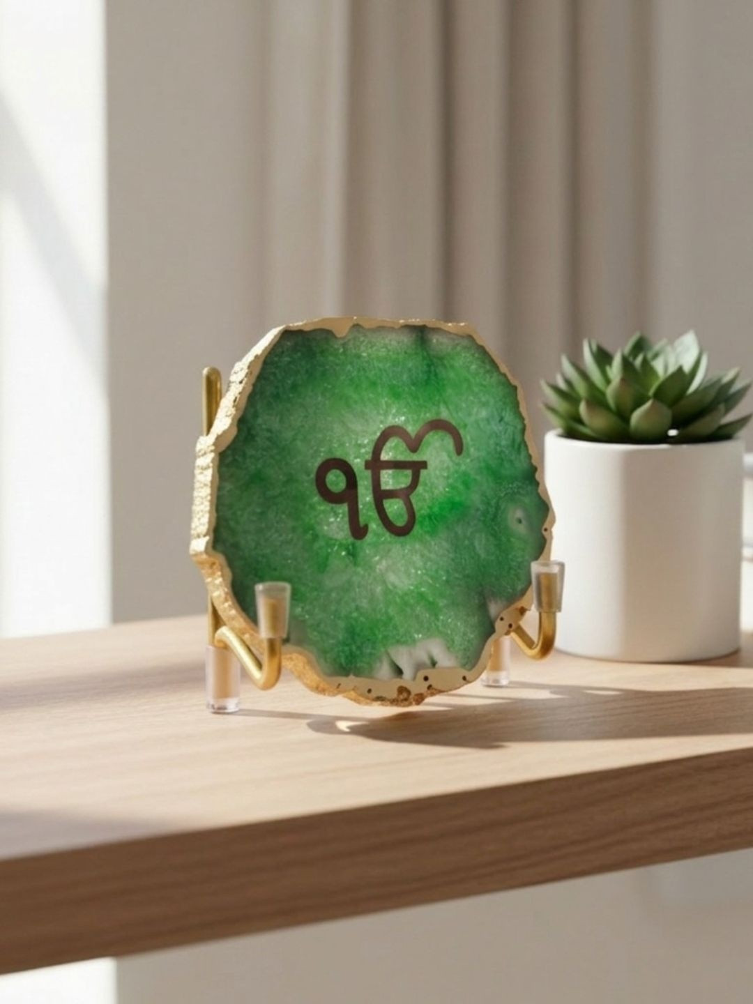 HOMEARTE Ik onkar Holder Green Stone Natural Prayer Room Set of 2 Medium Showpieces -