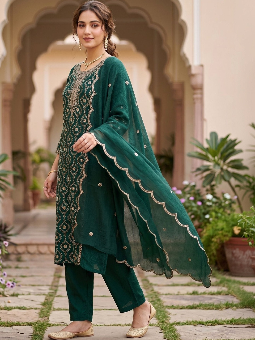 Koskii Bottle Green Soft Raw Silk Threadwork Anarkali Kurta With Regular Pant And Dupatta