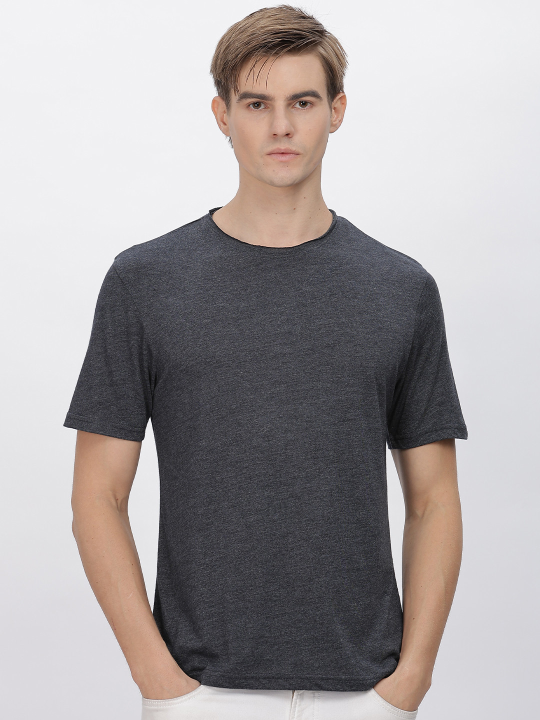 Domin8 Men Half Sleeve Raw Edge Neck Finish Regular T Shirt