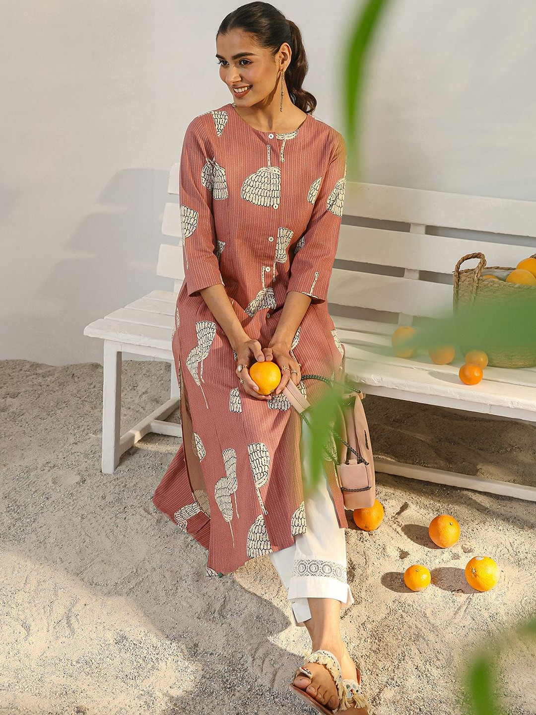 Libas Mauve Printed Cotton Blend A-Line Kurta