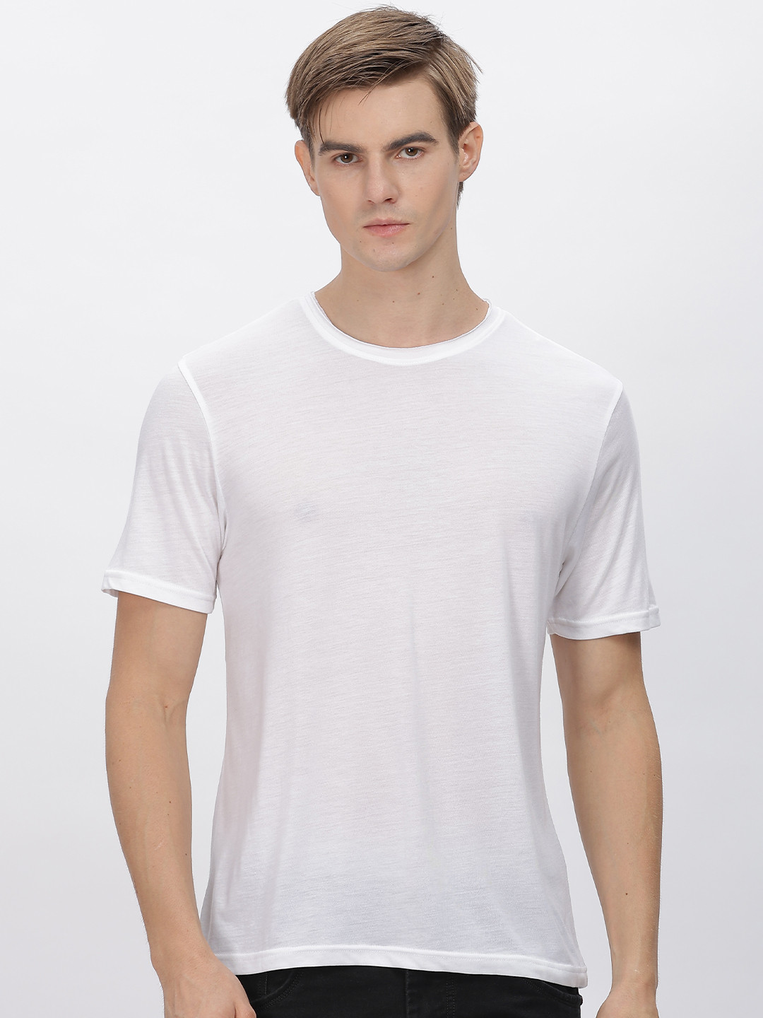 DOMIN8 Half Sleeve Raw Edge Neck Finish Regular T Shirt