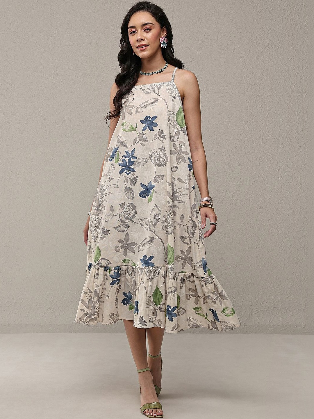 Libas Off White Floral Printed Cotton A-Line Drop Waist Dress