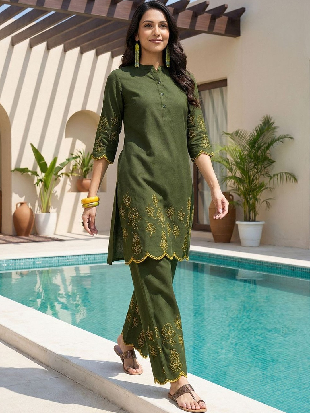 Ishin Bohemian Linen Embroidered Tunic with Palazzos
