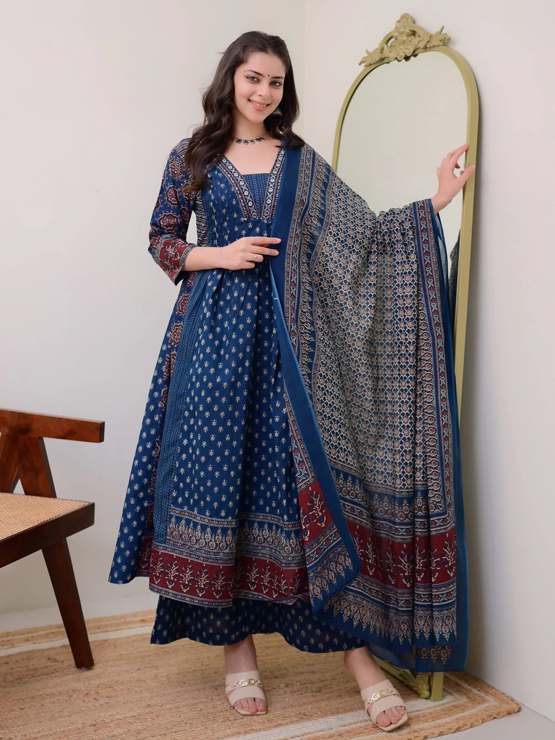 Keitra Women Ethnic Motifs Printed Panelled Kurta with Palazzos & With Dupatta
