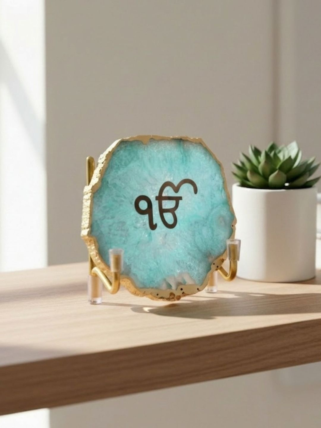 HOMEARTE Agate Ik onkar Holder Turquoise Blue Stone Natural Prayer Room Set of 2 Small Showpieces -