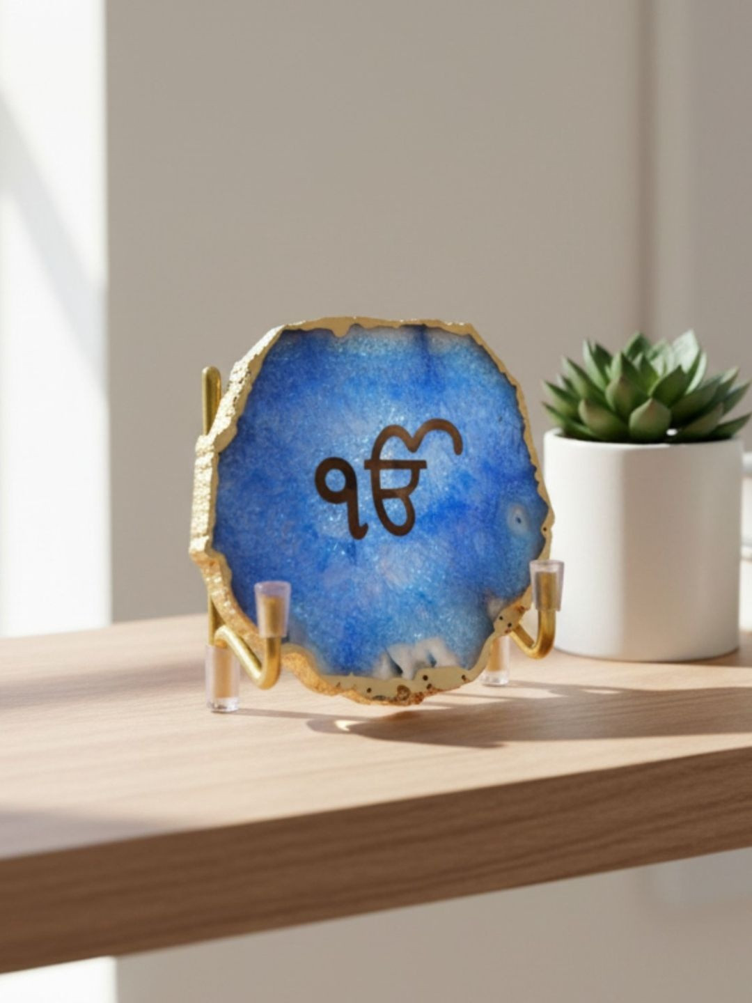 HOMEARTE Agate Ik onkar Holder Blue Stone Glossy Prayer Room Set of 2 Medium Showpieces -
