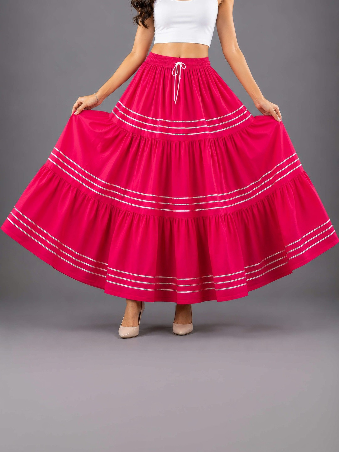 HARAYE Women Cotton Cambric Tiered Maxi Flared Skirt