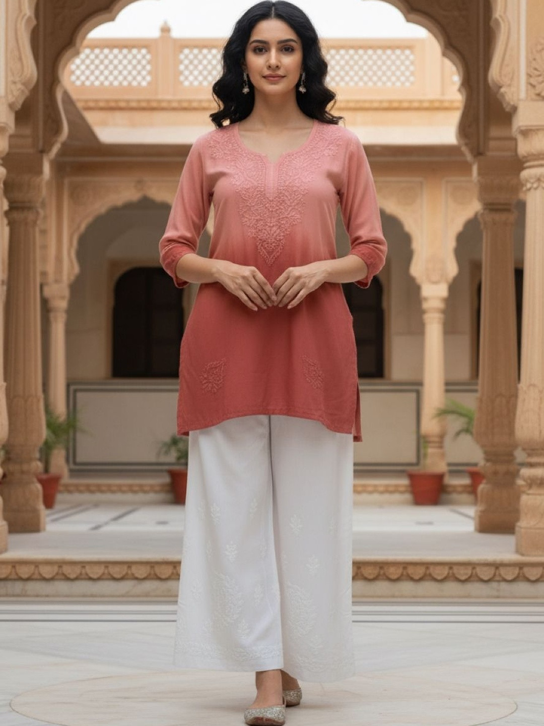 FashionChikan Art Ethnic Motifs Embroidered V-Neck Chikankari Handloom Chikankari Kurti