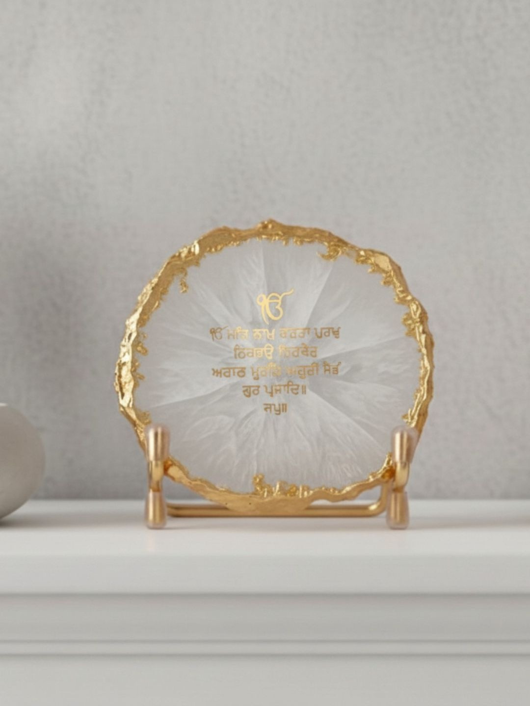 HOMEARTE Ik onkar Mantra Agate White Stone Glossy Prayer Room Set of 2 Medium Showpieces - 1.5 Inches