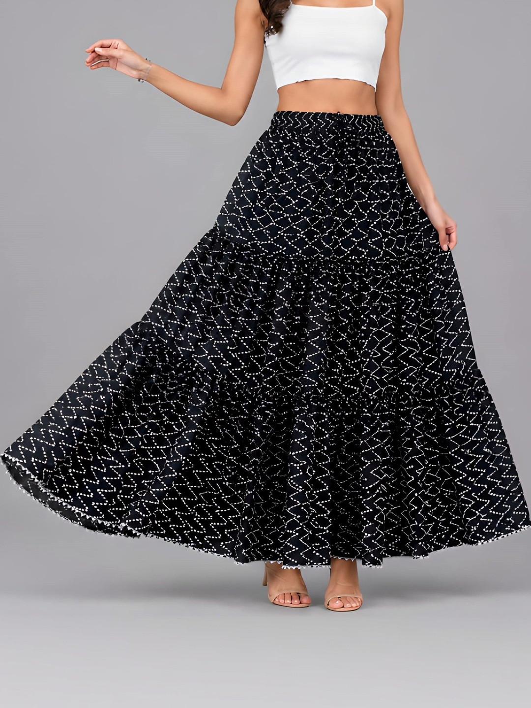 HARAYE Women Cotton Cambric Geometric Maxi Flared Skirt