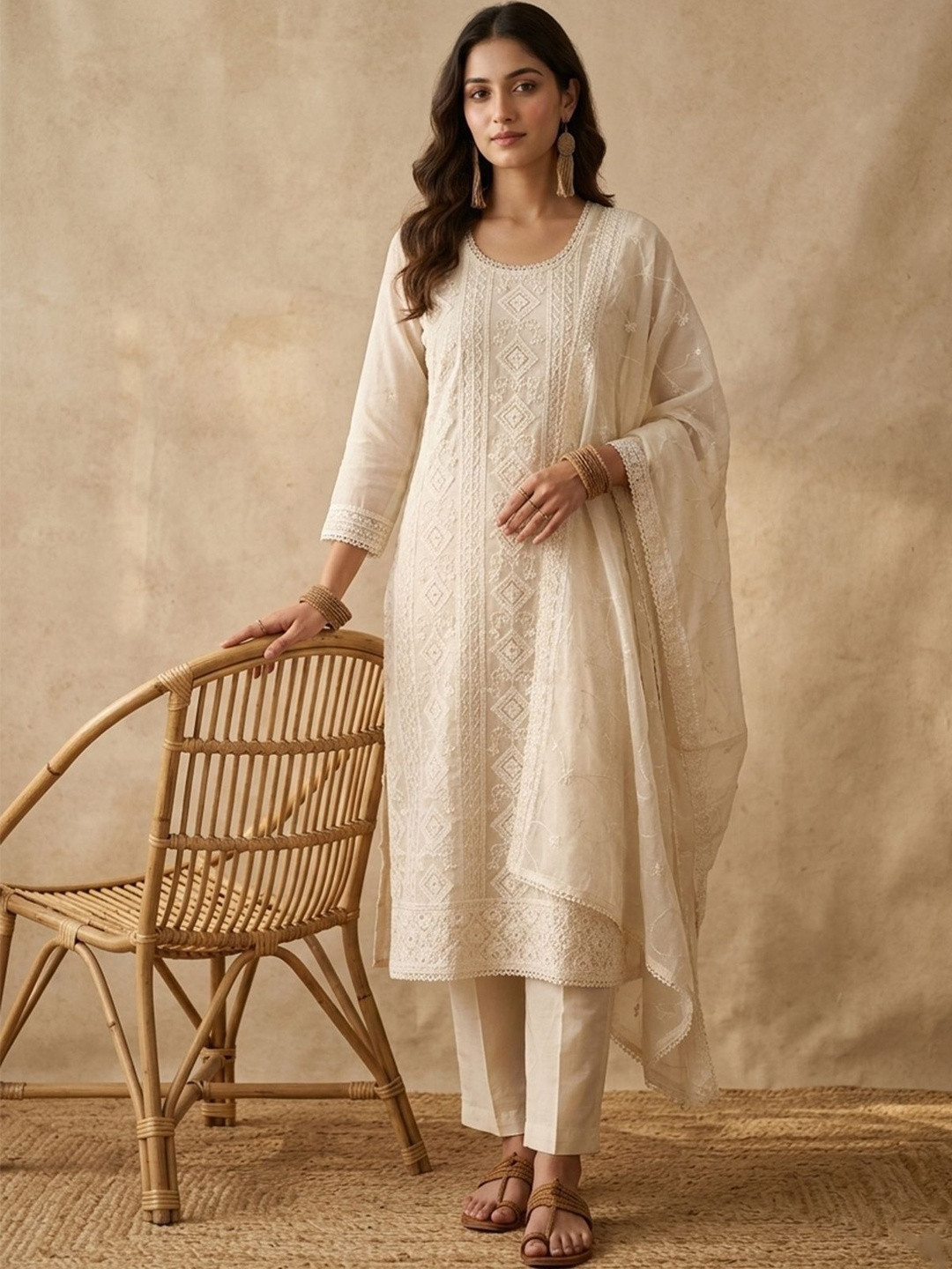Koskii Cream Chanderi Threadwork Straight Kurta With Pant Regular And Dupatta