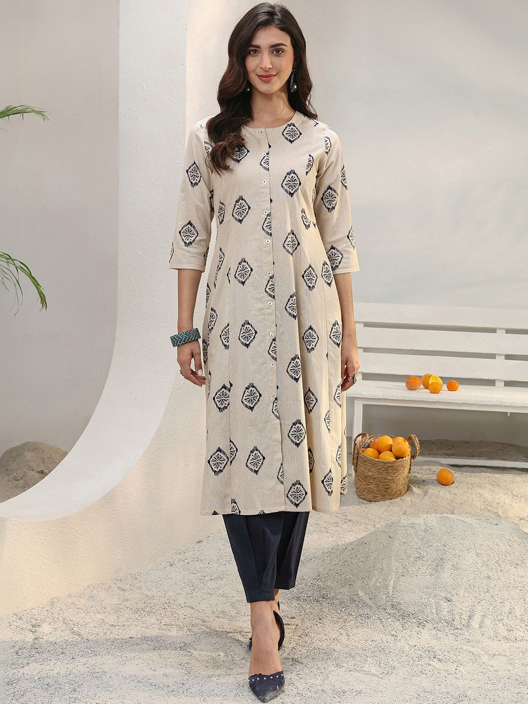 Libas Off White Ethnic Printed Cotton Blend A-Line Kurta