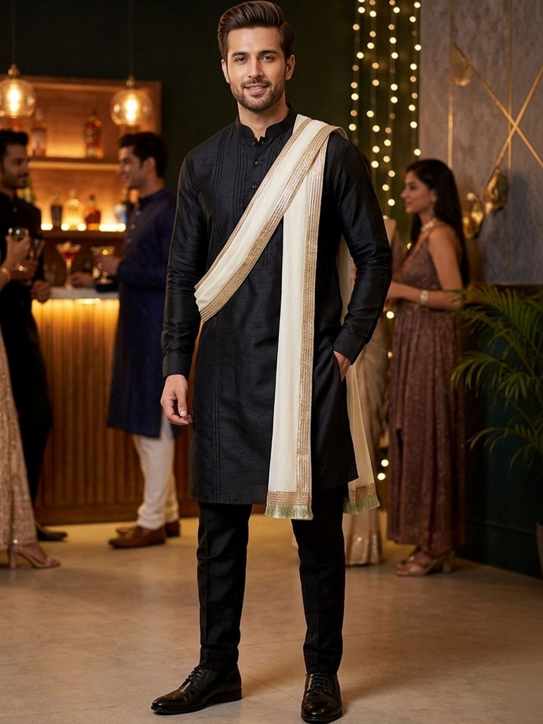 Navti Creations Men Dyed Velvet Dupatta with Beads and Stones