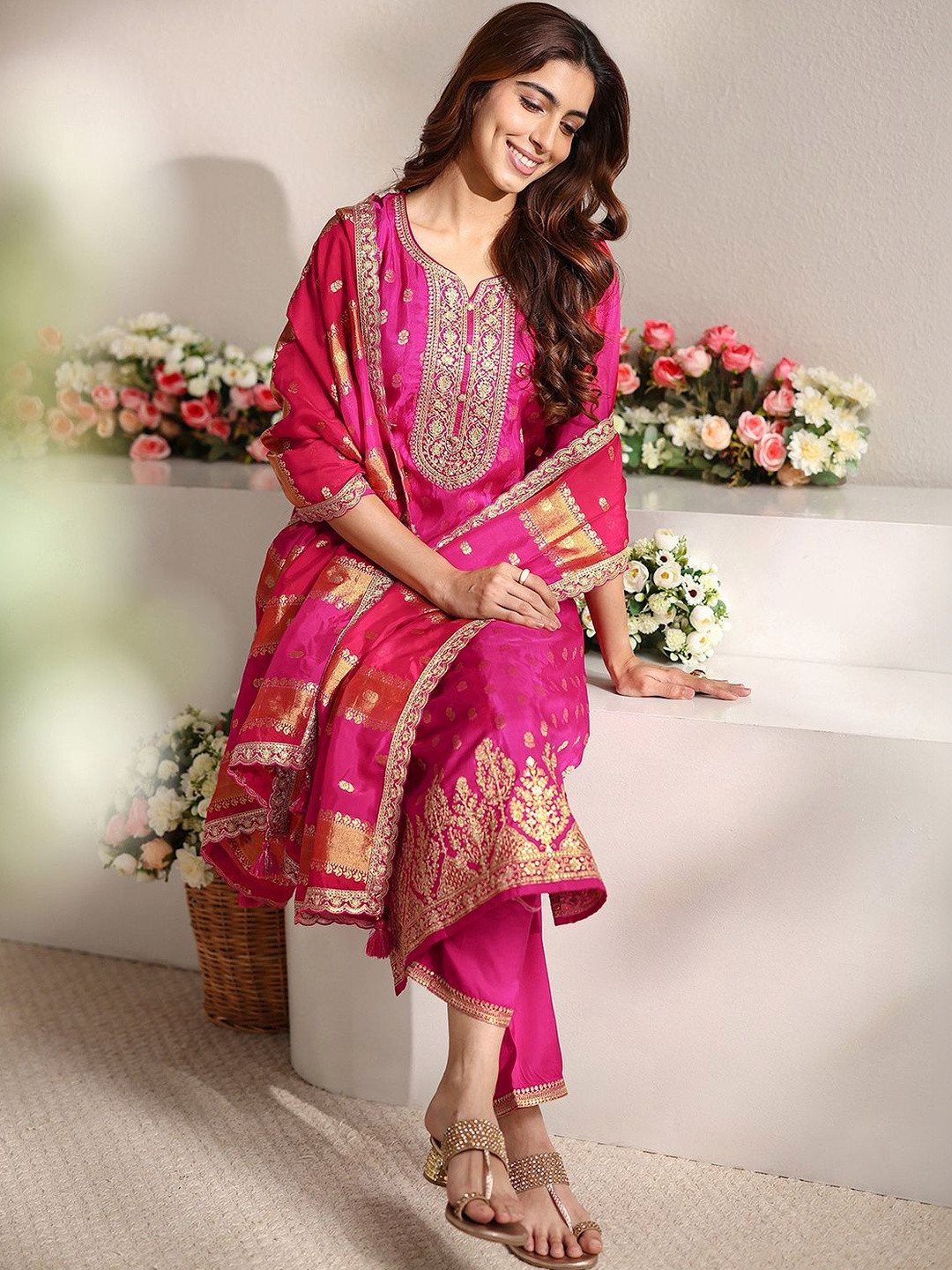 Libas Pink Woven Design Straight Suit Set with Dupatta